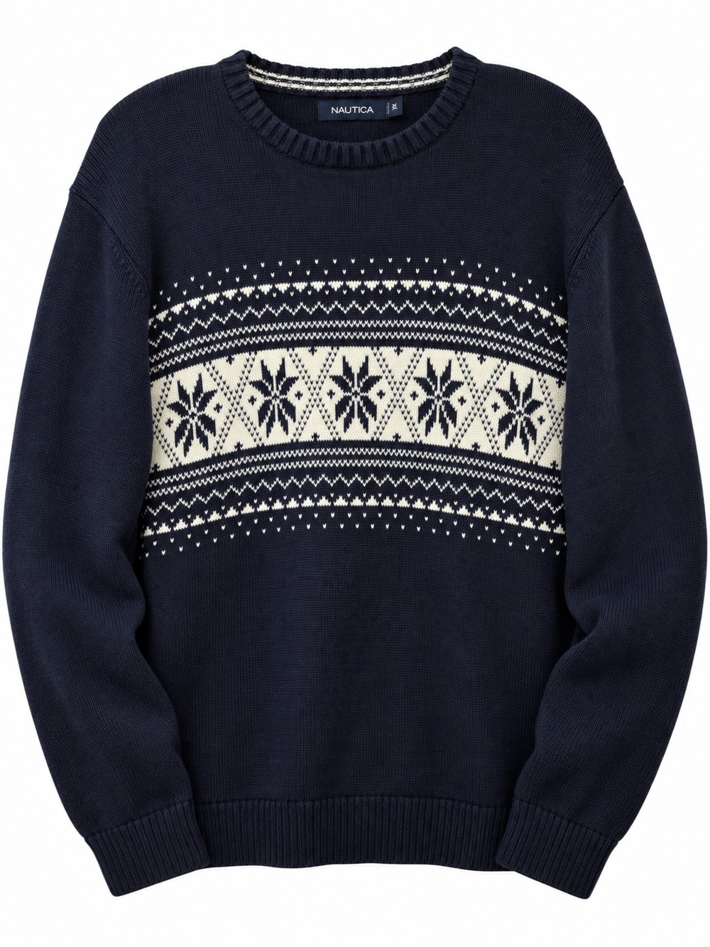 Nautica Men’s XL Navy White Fair Isle Snowflake 100% Cotton Crewneck Sweater